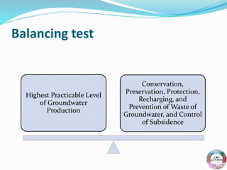 Balancing test
Highest Practicable Level
of Groundwater
Production
Conservation,
Preservation, Protection,
Recharging, and
Prevention of Waste of
Groundwater, and Control
of Subsidence
23
 