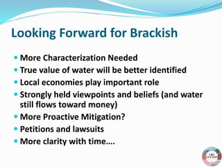 Looking Forward for Brackish
 More Characterization Needed
 True value of water will be better identified
 Local economies play important role
 Strongly held viewpoints and beliefs (and water
still flows toward money)
 More Proactive Mitigation?
 Petitions and lawsuits
 More clarity with time….
 