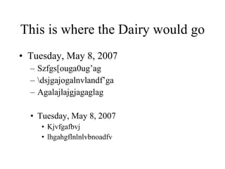 This is where the Dairy would go
• Tuesday, May 8, 2007
  – Szfgs[ouga0ug’ag
  – dsjgajogalnvlandf’ga
  – Agalajlajgjagaglag

  • Tuesday, May 8, 2007
     • Kjvfgafbvj
     • lhgahgflnlnlvbnoadfv
 