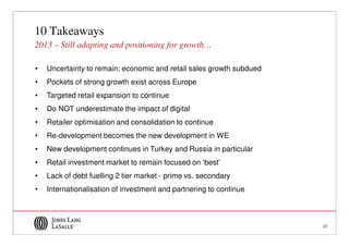 10 Takeaways
2013 – Still adapting and positioning for growth…

•   Uncertainty to remain; economic and retail sales growth subdued
•   Pockets of strong growth exist across Europe
•   Targeted retail expansion to continue
•   Do NOT underestimate the impact of digital
•   Retailer optimisation and consolidation to continue
•   Re-development becomes the new development in WE
•   New development continues in Turkey and Russia in particular
•   Retail investment market to remain focused on ‘best’
•   Lack of debt fuelling 2 tier market - prime vs. secondary
•   Internationalisation of investment and partnering to continue



                                                                      27
 
