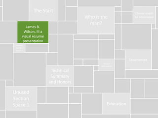 The Start                                          Choose a path
                                     Who is the                 for information

                                      man?
          James B.
        Wilson, III a
       visual resume
       presentation
 Unused
 Section
 Space 2



                                                             Experiences
                                              Contact
                                            Information

                         Technical
                         Summary
                        and Honors

Unused
Section
Space 1                                          Education
 