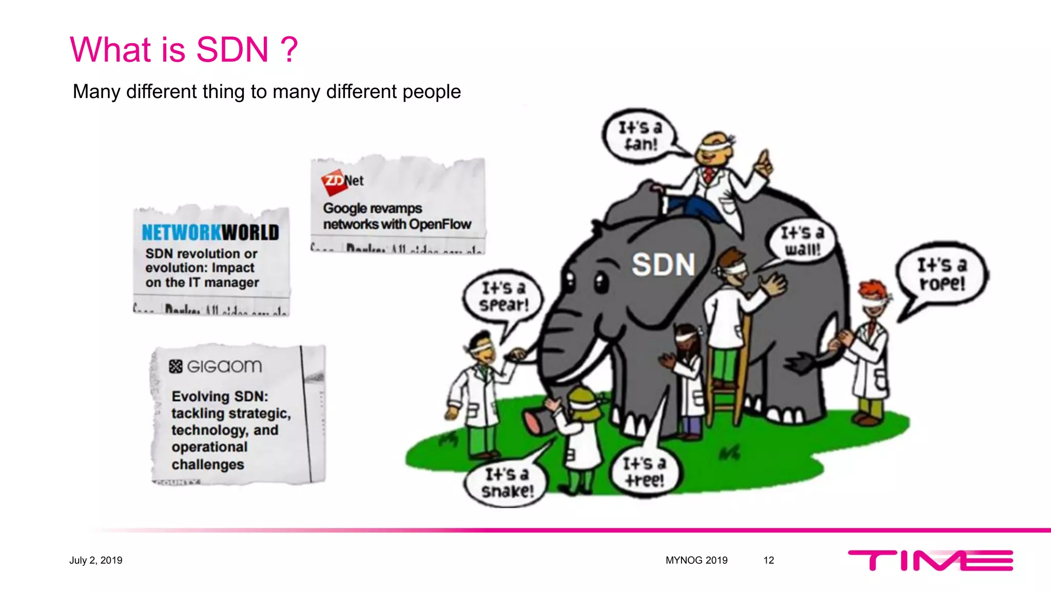What is SDN ?
Many different thing to many different people
July 2, 2019 MYNOG 2019 12
 