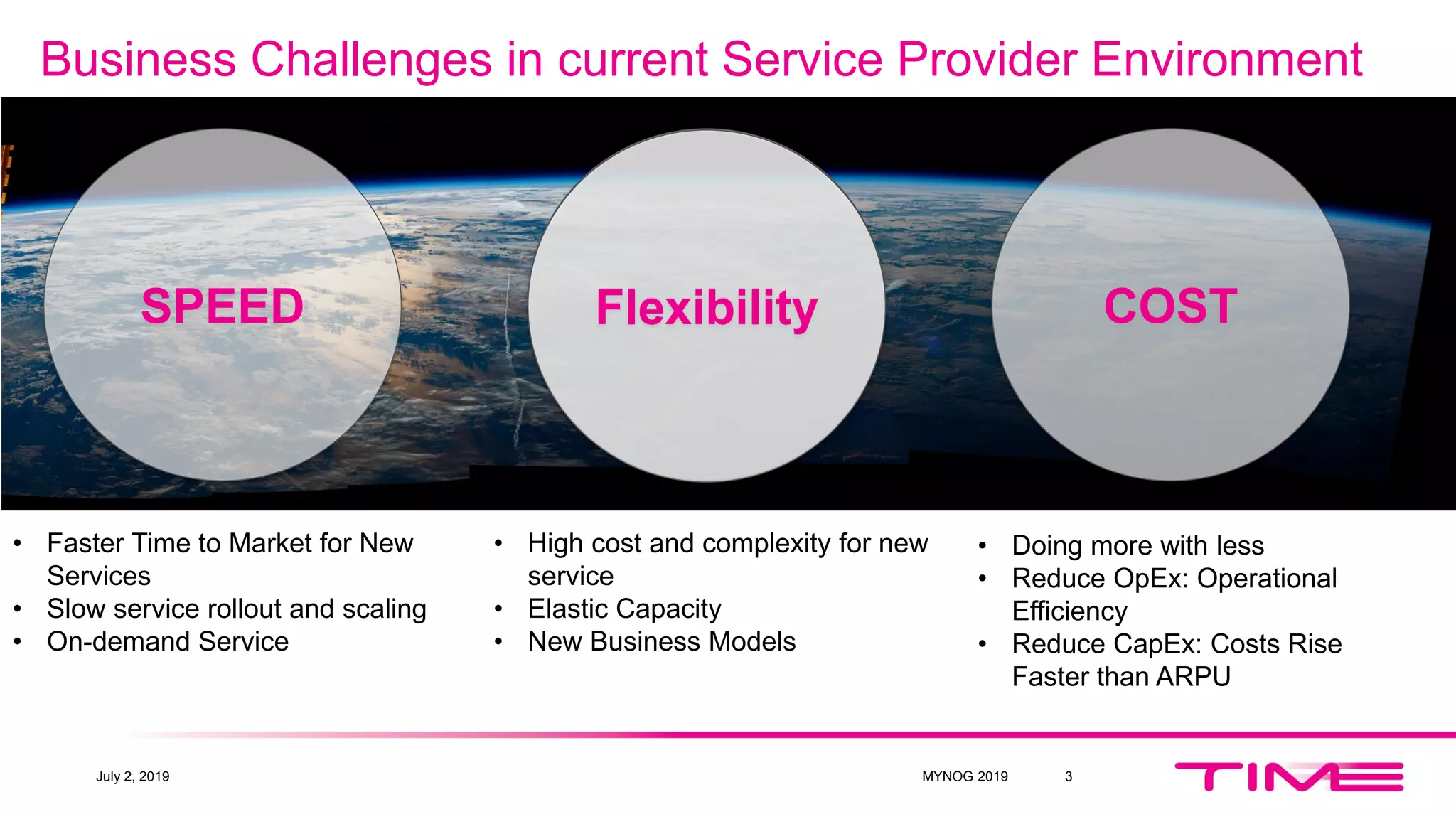 3
Flexibility
• High cost and complexity for new
service
• Elastic Capacity
• New Business Models
• Faster Time to Market for New
Services
• Slow service rollout and scaling
• On-demand Service
• Doing more with less
• Reduce OpEx: Operational
Efficiency
• Reduce CapEx: Costs Rise
Faster than ARPU
SPEED COSTFlexibility
Business Challenges in current Service Provider Environment
July 2, 2019 MYNOG 2019
 