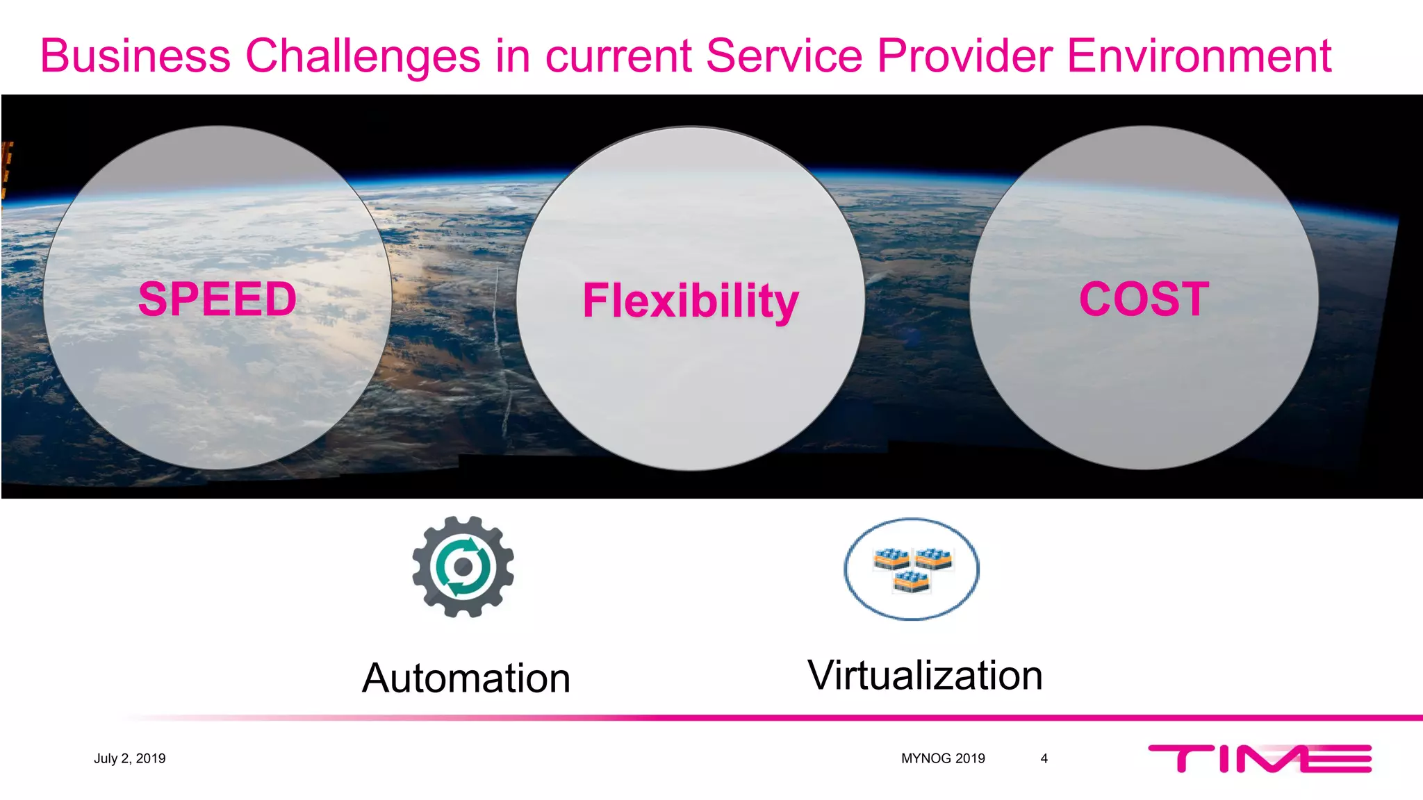 Business Challenges in current Service Provider Environment
4
FlexibilitySPEED COSTFlexibility
Automation Virtualization
July 2, 2019 MYNOG 2019
 