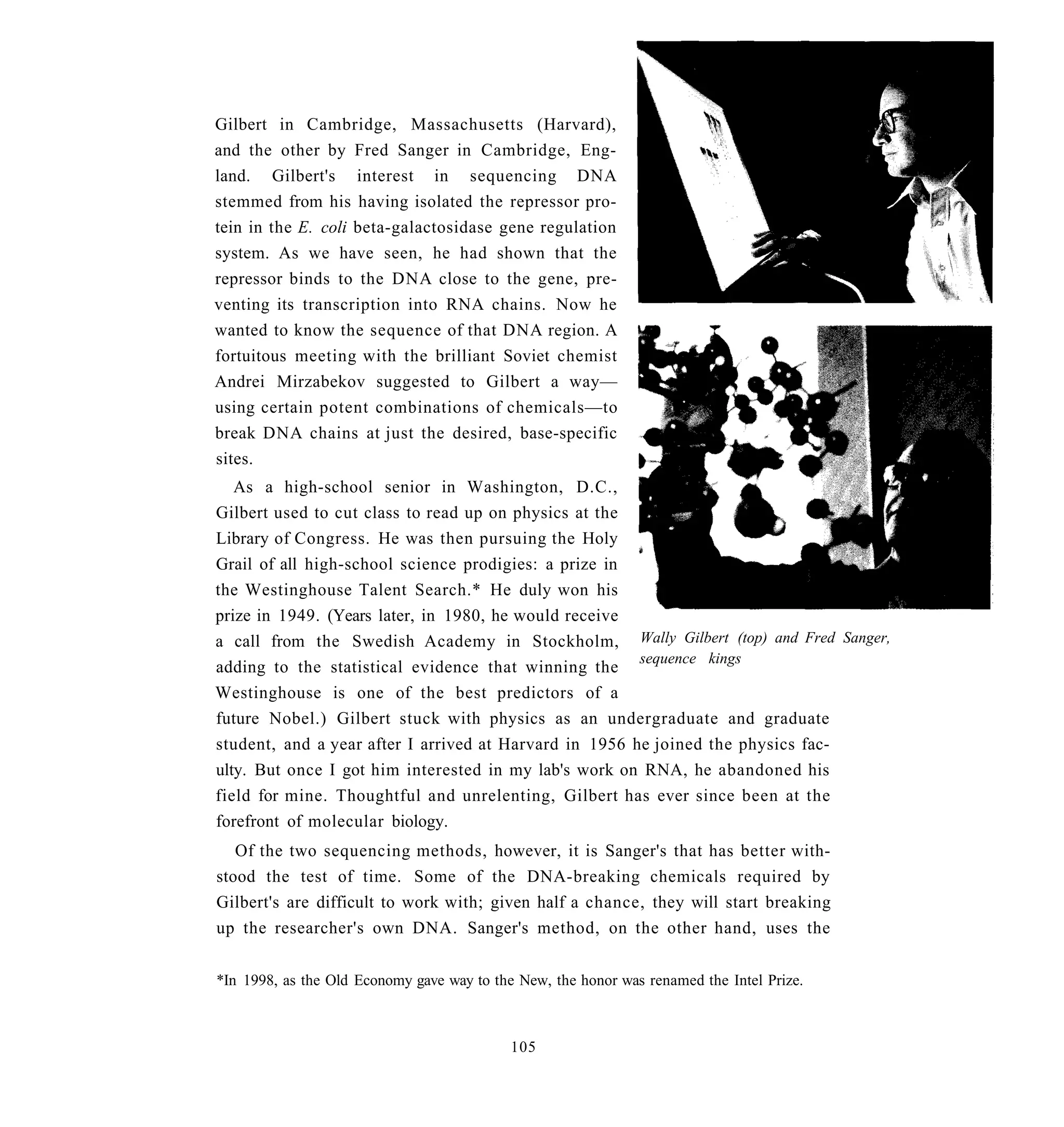 Gilbert in Cambridge, Massachusetts (Harvard),
and the other by Fred Sanger in Cambridge, Eng-
land. Gilbert's interest in sequencing DNA
stemmed from his having isolated the repressor pro-
tein in the E. coli beta-galactosidase gene regulation
system. As we have seen, he had shown that the
repressor binds to the DNA close to the gene, pre-
venting its transcription into RNA chains. Now he
wanted to know the sequence of that DNA region. A
fortuitous meeting with the brilliant Soviet chemist
Andrei Mirzabekov suggested to Gilbert a way—
using certain potent combinations of chemicals—to
break DNA chains at just the desired, base-specific
sites.
   As a high-school senior in Washington, D.C.,
Gilbert used to cut class to read up on physics at the
Library of Congress. He was then pursuing the Holy
Grail of all high-school science prodigies: a prize in
the Westinghouse Talent Search.* He duly won his
prize in 1949. (Years later, in 1980, he would receive
a call from the Swedish Academy in Stockholm, Wally Gilbert (top) and Fred Sanger,
                                                        sequence kings
adding to the statistical evidence that winning the
Westinghouse is one of the best predictors of a
future Nobel.) Gilbert stuck with physics as an undergraduate and graduate
student, and a year after I arrived at Harvard in 1956 he joined the physics fac-
ulty. But once I got him interested in my lab's work on RNA, he abandoned his
field for mine. Thoughtful and unrelenting, Gilbert has ever since been at the
forefront of molecular biology.
   Of the two sequencing methods, however, it is Sanger's that has better with-
stood the test of time. Some of the DNA-breaking chemicals required by
Gilbert's are difficult to work with; given half a chance, they will start breaking
up the researcher's own DNA. Sanger's method, on the other hand, uses the


*In 1998, as the Old Economy gave way to the New, the honor was renamed the Intel Prize.



                                            105
 