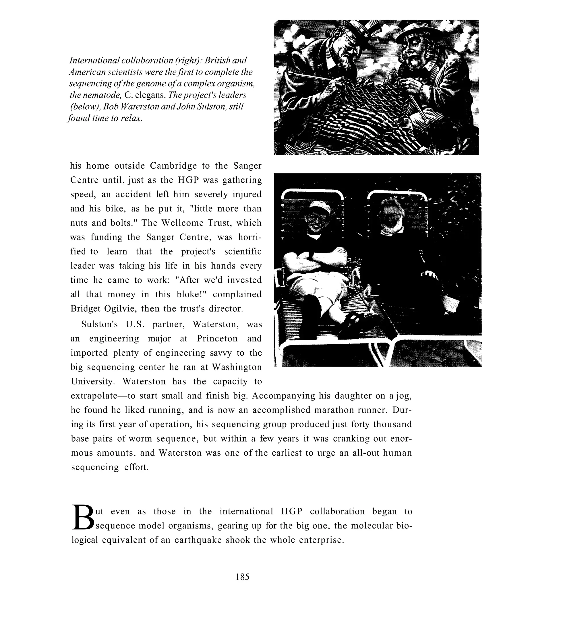 International collaboration (right): British and
American scientists were the first to complete the
sequencing of the genome of a complex organism,
 the nematode, C. elegans. The project's leaders
 (below), Bob Waterston and John Sulston, still
found time to relax.



his home outside Cambridge to the Sanger
Centre until, just as the H G P was gathering
speed, an accident left him severely injured
and his bike, as he put it, "little more than
nuts and bolts." The Wellcome Trust, which
was funding the Sanger Centre, was horri-
fied to learn that the project's scientific
leader was taking his life in his hands every
time he came to work: "After we'd invested
all that money in this bloke!" complained
Bridget Ogilvie, then the trust's director.
   Sulston's U.S. partner, Waterston, was
an engineering major at Princeton and
imported plenty of engineering savvy to the
big sequencing center he ran at Washington
University. Waterston has the capacity to
extrapolate—to start small and finish big. Accompanying his daughter on a jog,
he found he liked running, and is now an accomplished marathon runner. Dur-
ing its first year of operation, his sequencing group produced just forty thousand
base pairs of worm sequence, but within a few years it was cranking out enor-
mous amounts, and Waterston was one of the earliest to urge an all-out human
sequencing effort.




B     ut even as those in the international H G P collaboration began to
      sequence model organisms, gearing up for the big one, the molecular bio-
logical equivalent of an earthquake shook the whole enterprise.


                                            185
 