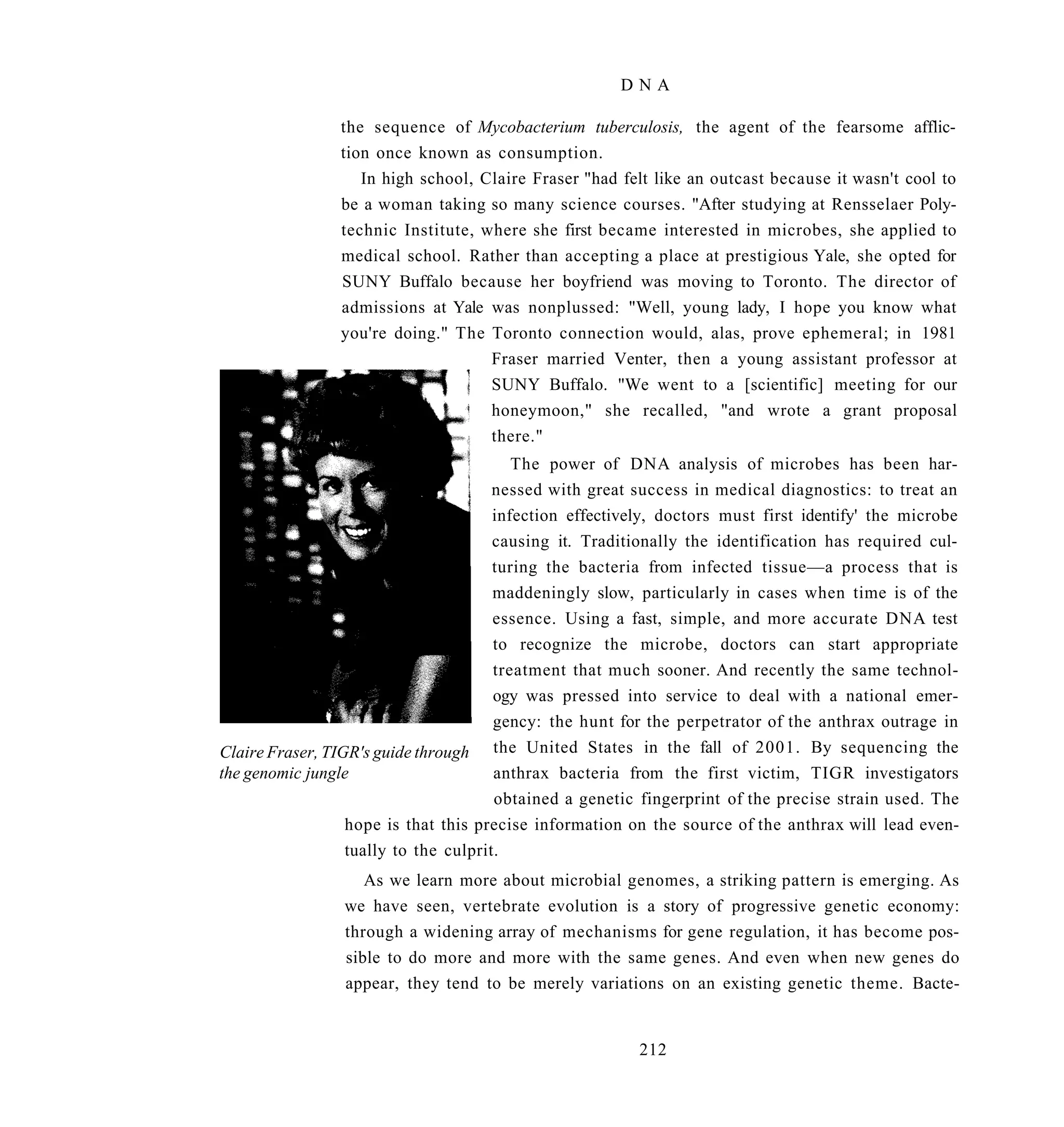 DNA

                the sequence of Mycobacterium tuberculosis, the agent of the fearsome afflic-
                tion once known as consumption.
                   In high school, Claire Fraser "had felt like an outcast because it wasn't cool to
                be a woman taking so many science courses. "After studying at Rensselaer Poly-
                technic Institute, where she first became interested in microbes, she applied to
                medical school. Rather than accepting a place at prestigious Yale, she opted for
                SUNY Buffalo because her boyfriend was moving to Toronto. The director of
                admissions at Yale was nonplussed: "Well, young lady, I hope you know what
                you're doing." The Toronto connection would, alas, prove ephemeral; in 1981
                                    Fraser married Venter, then a young assistant professor at
                                    SUNY Buffalo. "We went to a [scientific] meeting for our
                                    honeymoon," she recalled, "and wrote a grant proposal
                                    there."
                                          The power of DNA analysis of microbes has been har-
                                       nessed with great success in medical diagnostics: to treat an
                                       infection effectively, doctors must first identify' the microbe
                                       causing it. Traditionally the identification has required cul-
                                       turing the bacteria from infected tissue—a process that is
                                       maddeningly slow, particularly in cases when time is of the
                                       essence. Using a fast, simple, and more accurate DNA test
                                       to recognize the microbe, doctors can start appropriate
                                       treatment that much sooner. And recently the same technol-
                                       ogy was pressed into service to deal with a national emer-
                                       gency: the hunt for the perpetrator of the anthrax outrage in
Claire Fraser, TIGR's guide through the United States in the fall of 2001. By sequencing the
the genomic jungle                     anthrax bacteria from the first victim, TIGR investigators
                                       obtained a genetic fingerprint of the precise strain used. The
                  hope is that this precise information on the source of the anthrax will lead even-
                  tually to the culprit.
                    As we learn more about microbial genomes, a striking pattern is emerging. As
                 we have seen, vertebrate evolution is a story of progressive genetic economy:
                 through a widening array of mechanisms for gene regulation, it has become pos-
                 sible to do more and more with the same genes. And even when new genes do
                 appear, they tend to be merely variations on an existing genetic theme. Bacte-


                                                         212
 