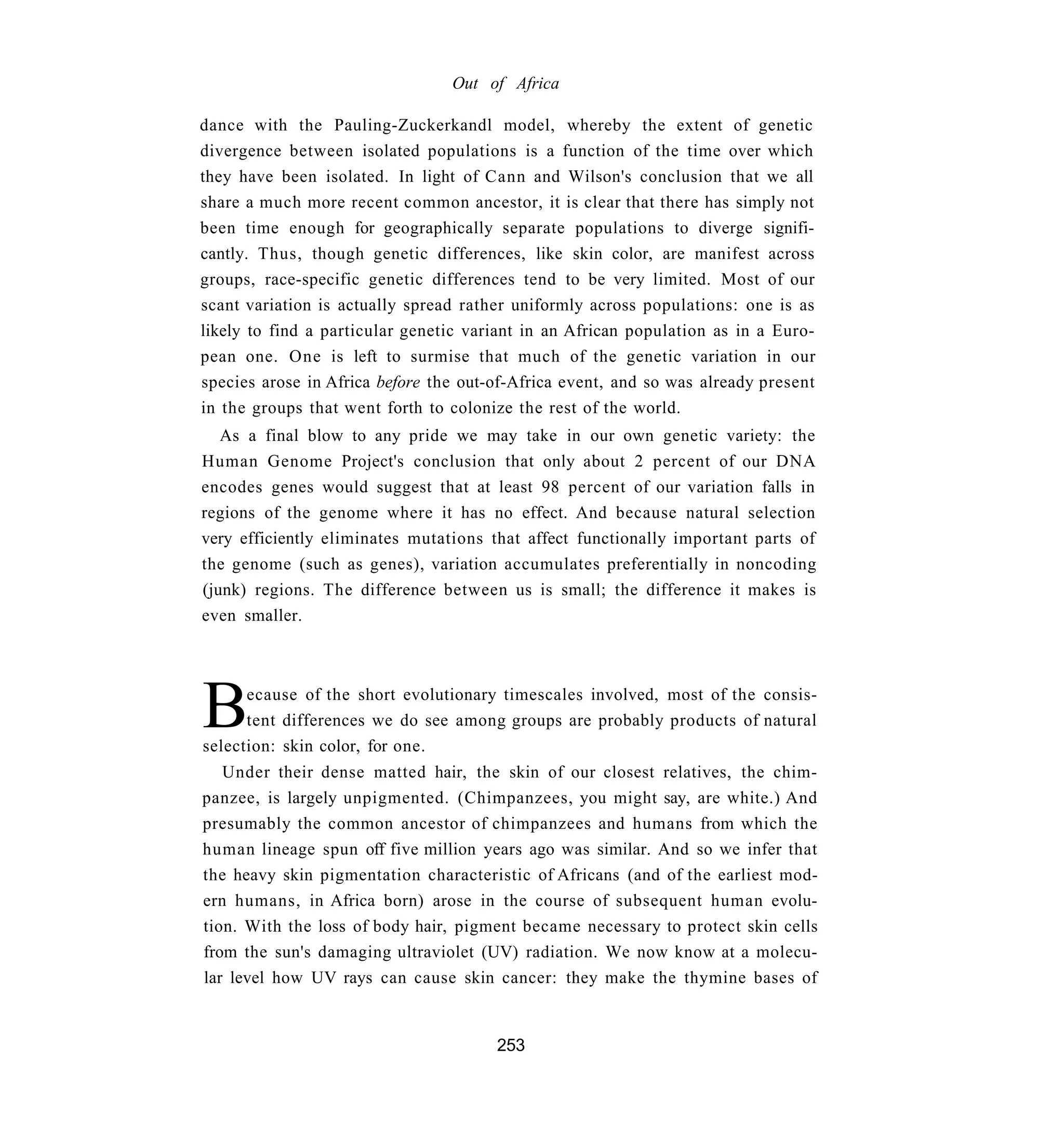 Out of Africa

dance with the Pauling-Zuckerkandl model, whereby the extent of genetic
divergence between isolated populations is a function of the time over which
they have been isolated. In light of Cann and Wilson's conclusion that we all
share a much more recent common ancestor, it is clear that there has simply not
been time enough for geographically separate populations to diverge signifi-
cantly. Thus, though genetic differences, like skin color, are manifest across
groups, race-specific genetic differences tend to be very limited. Most of our
scant variation is actually spread rather uniformly across populations: one is as
likely to find a particular genetic variant in an African population as in a Euro-
pean one. One is left to surmise that much of the genetic variation in our
species arose in Africa before the out-of-Africa event, and so was already present
in the groups that went forth to colonize the rest of the world.
   As a final blow to any pride we may take in our own genetic variety: the
Human Genome Project's conclusion that only about 2 percent of our DNA
encodes genes would suggest that at least 98 percent of our variation falls in
regions of the genome where it has no effect. And because natural selection
very efficiently eliminates mutations that affect functionally important parts of
the genome (such as genes), variation accumulates preferentially in noncoding
(junk) regions. The difference between us is small; the difference it makes is
even smaller.




B     ecause of the short evolutionary timescales involved, most of the consis-
      tent differences we do see among groups are probably products of natural
selection: skin color, for one.
   Under their dense matted hair, the skin of our closest relatives, the chim-
panzee, is largely unpigmented. (Chimpanzees, you might say, are white.) And
presumably the common ancestor of chimpanzees and humans from which the
human lineage spun off five million years ago was similar. And so we infer that
the heavy skin pigmentation characteristic of Africans (and of the earliest mod-
ern humans, in Africa born) arose in the course of subsequent human evolu-
tion. With the loss of body hair, pigment became necessary to protect skin cells
from the sun's damaging ultraviolet (UV) radiation. We now know at a molecu-
lar level how UV rays can cause skin cancer: they make the thymine bases of


                                       253
 