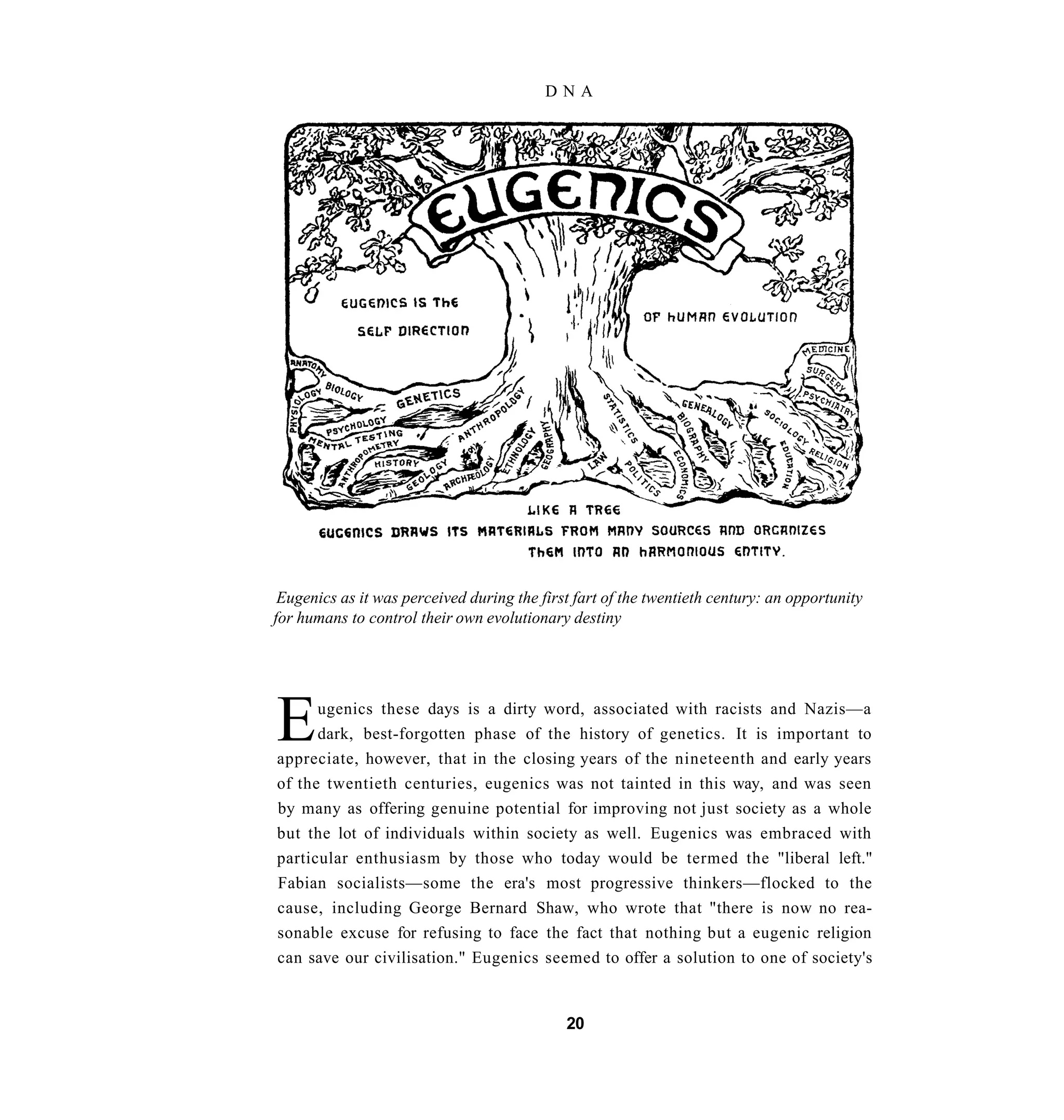 DNA




 Eugenics as it was perceived during the first fart of the twentieth century: an opportunity
for humans to control their own evolutionary destiny




E     ugenics these days is a dirty word, associated with racists and Nazis—a
      dark, best-forgotten phase of the history of genetics. It is important to
appreciate, however, that in the closing years of the nineteenth and early years
of the twentieth centuries, eugenics was not tainted in this way, and was seen
by many as offering genuine potential for improving not just society as a whole
but the lot of individuals within society as well. Eugenics was embraced with
particular enthusiasm by those who today would be termed the "liberal left."
Fabian socialists—some the era's most progressive thinkers—flocked to the
cause, including George Bernard Shaw, who wrote that "there is now no rea-
sonable excuse for refusing to face the fact that nothing but a eugenic religion
can save our civilisation." Eugenics seemed to offer a solution to one of society's


                                             20
 