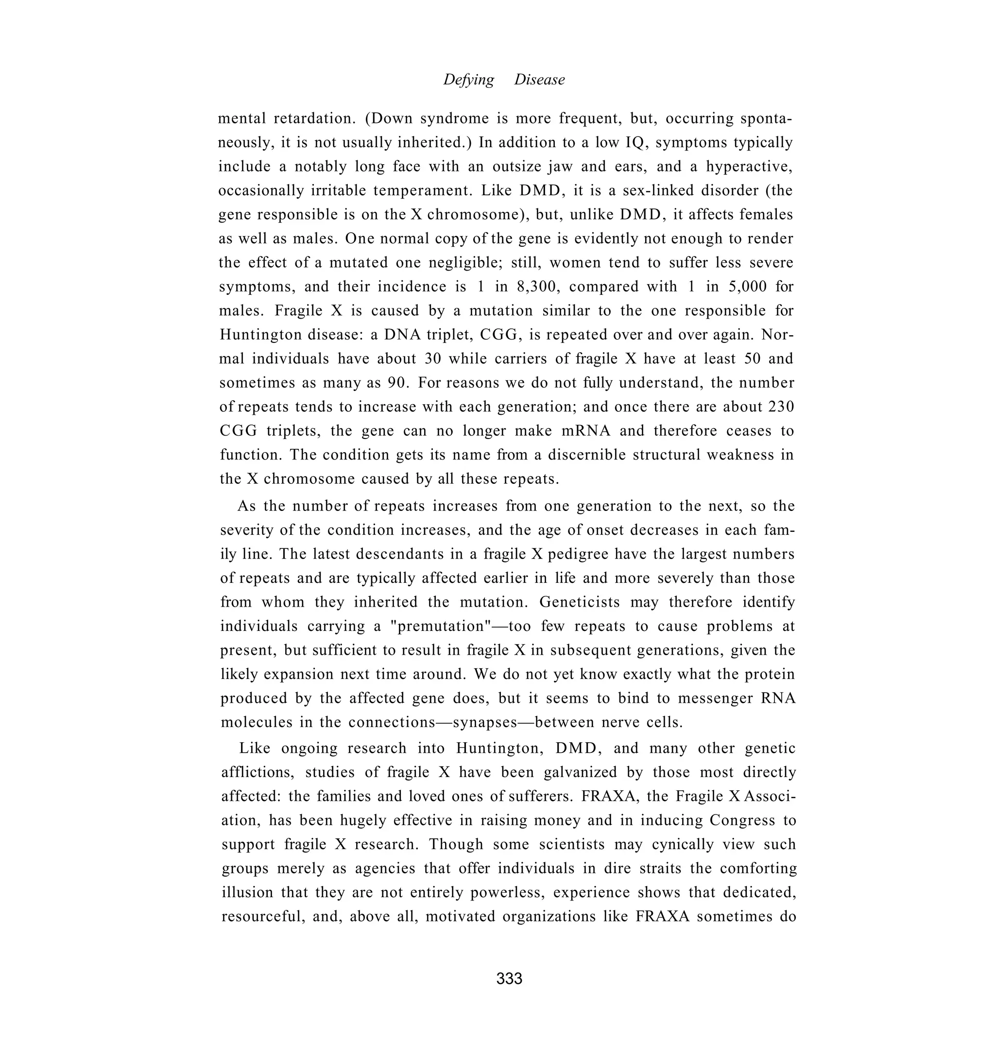 Defying     Disease

mental retardation. (Down syndrome is more frequent, but, occurring sponta-
neously, it is not usually inherited.) In addition to a low IQ, symptoms typically
include a notably long face with an outsize jaw and ears, and a hyperactive,
occasionally irritable temperament. Like DMD, it is a sex-linked disorder (the
gene responsible is on the X chromosome), but, unlike D M D , it affects females
as well as males. One normal copy of the gene is evidently not enough to render
the effect of a mutated one negligible; still, women tend to suffer less severe
symptoms, and their incidence is 1 in 8,300, compared with 1 in 5,000 for
males. Fragile X is caused by a mutation similar to the one responsible for
Huntington disease: a DNA triplet, CGG, is repeated over and over again. Nor-
mal individuals have about 30 while carriers of fragile X have at least 50 and
sometimes as many as 90. For reasons we do not fully understand, the number
of repeats tends to increase with each generation; and once there are about 230
C G G triplets, the gene can no longer make mRNA and therefore ceases to
function. The condition gets its name from a discernible structural weakness in
the X chromosome caused by all these repeats.
   As the number of repeats increases from one generation to the next, so the
severity of the condition increases, and the age of onset decreases in each fam-
ily line. The latest descendants in a fragile X pedigree have the largest numbers
of repeats and are typically affected earlier in life and more severely than those
from whom they inherited the mutation. Geneticists may therefore identify
individuals carrying a "premutation"—too few repeats to cause problems at
present, but sufficient to result in fragile X in subsequent generations, given the
likely expansion next time around. We do not yet know exactly what the protein
produced by the affected gene does, but it seems to bind to messenger RNA
molecules in the connections—synapses—between nerve cells.
   Like ongoing research into Huntington, D M D , and many other genetic
afflictions, studies of fragile X have been galvanized by those most directly
affected: the families and loved ones of sufferers. FRAXA, the Fragile X Associ-
ation, has been hugely effective in raising money and in inducing Congress to
support fragile X research. Though some scientists may cynically view such
groups merely as agencies that offer individuals in dire straits the comforting
illusion that they are not entirely powerless, experience shows that dedicated,
resourceful, and, above all, motivated organizations like FRAXA sometimes do


                                          333
 