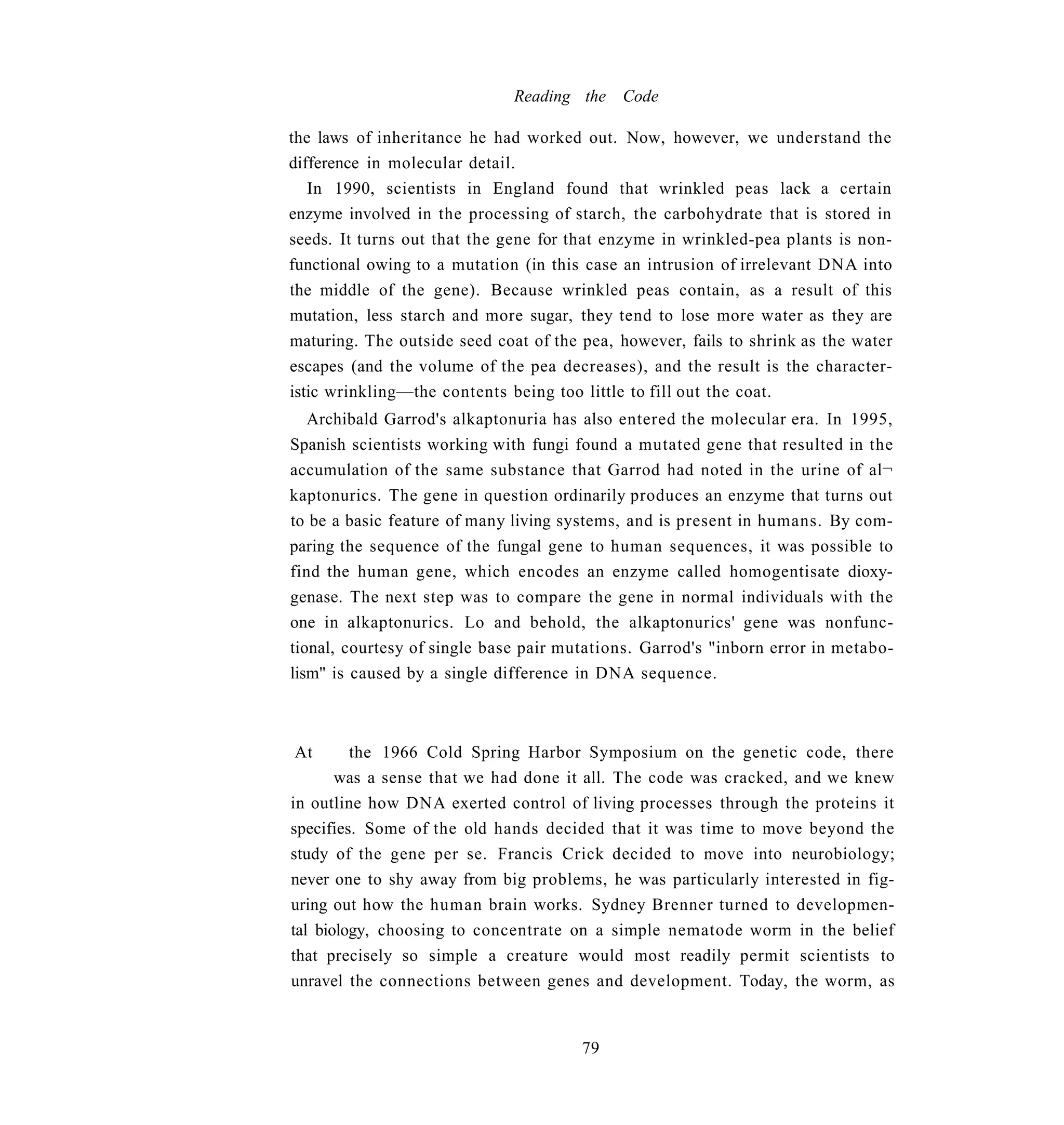 Reading the Code

the laws of inheritance he had worked out. Now, however, we understand the
difference in molecular detail.
   In 1990, scientists in England found that wrinkled peas lack a certain
enzyme involved in the processing of starch, the carbohydrate that is stored in
seeds. It turns out that the gene for that enzyme in wrinkled-pea plants is non-
functional owing to a mutation (in this case an intrusion of irrelevant DNA into
the middle of the gene). Because wrinkled peas contain, as a result of this
mutation, less starch and more sugar, they tend to lose more water as they are
maturing. The outside seed coat of the pea, however, fails to shrink as the water
escapes (and the volume of the pea decreases), and the result is the character-
istic wrinkling—the contents being too little to fill out the coat.
   Archibald Garrod's alkaptonuria has also entered the molecular era. In 1995,
Spanish scientists working with fungi found a mutated gene that resulted in the
accumulation of the same substance that Garrod had noted in the urine of al¬
kaptonurics. The gene in question ordinarily produces an enzyme that turns out
to be a basic feature of many living systems, and is present in humans. By com-
paring the sequence of the fungal gene to human sequences, it was possible to
find the human gene, which encodes an enzyme called homogentisate dioxy-
genase. The next step was to compare the gene in normal individuals with the
one in alkaptonurics. Lo and behold, the alkaptonurics' gene was nonfunc-
tional, courtesy of single base pair mutations. Garrod's "inborn error in metabo-
lism" is caused by a single difference in DNA sequence.



At       the 1966 Cold Spring Harbor Symposium on the genetic code, there
       was a sense that we had done it all. The code was cracked, and we knew
in outline how DNA exerted control of living processes through the proteins it
specifies. Some of the old hands decided that it was time to move beyond the
study of the gene per se. Francis Crick decided to move into neurobiology;
never one to shy away from big problems, he was particularly interested in fig-
uring out how the human brain works. Sydney Brenner turned to developmen-
tal biology, choosing to concentrate on a simple nematode worm in the belief
that precisely so simple a creature would most readily permit scientists to
unravel the connections between genes and development. Today, the worm, as


                                       79
 