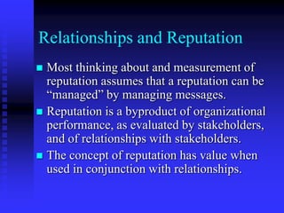 TrustWould you describe any things that (organization) (public) has done to treat (organization)(public) fairly and justly, or unfairly and unjustly? (integrity) Would you describe things that (organization)(public) has done that indicate it can be relied on to keep its promises, or that it does not keep its promises? (dependability)How confident are you that (organization)(public) has the ability to accomplish what it says it will do? Can you give me examples of why you feel that way? (competence)