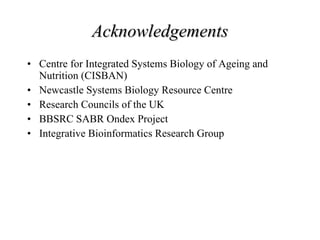Acknowledgements Centre for Integrated Systems Biology of Ageing and Nutrition (CISBAN) Newcastle Systems Biology Resource Centre Research Councils of the UK BBSRC SABR Ondex Project Integrative Bioinformatics Research Group 
