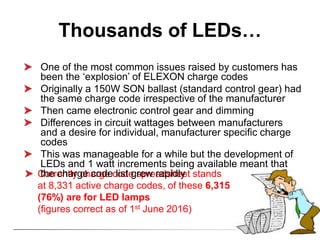 Currently charge code spreadsheet stands
at 8,331 active charge codes, of these 6,315
(76%) are for LED lamps
(figures correct as of 1st June 2016)
Thousands of LEDs…
One of the most common issues raised by customers has
been the ‘explosion’ of ELEXON charge codes
Originally a 150W SON ballast (standard control gear) had
the same charge code irrespective of the manufacturer
Then came electronic control gear and dimming
Differences in circuit wattages between manufacturers
and a desire for individual, manufacturer specific charge
codes
This was manageable for a while but the development of
LEDs and 1 watt increments being available meant that
the charge code list grew rapidly
 