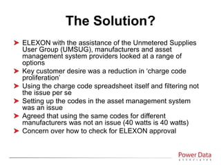 ELEXON with the assistance of the Unmetered Supplies
User Group (UMSUG), manufacturers and asset
management system providers looked at a range of
options
Key customer desire was a reduction in ‘charge code
proliferation’
Using the charge code spreadsheet itself and filtering not
the issue per se
Setting up the codes in the asset management system
was an issue
Agreed that using the same codes for different
manufacturers was not an issue (40 watts is 40 watts)
Concern over how to check for ELEXON approval
The Solution?
 