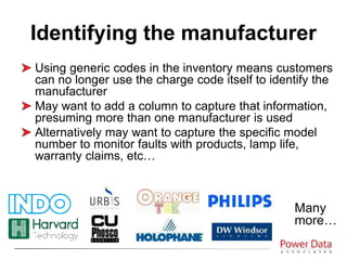 Using generic codes in the inventory means customers
can no longer use the charge code itself to identify the
manufacturer
May want to add a column to capture that information,
presuming more than one manufacturer is used
Alternatively may want to capture the specific model
number to monitor faults with products, lamp life,
warranty claims, etc…
Identifying the manufacturer
Many
more…
 