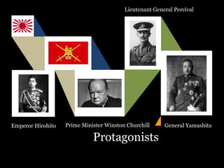 Protagonists
Emperor Hirohito Prime Minister Winston Churchill General Yamashita
Lieutenant General Percival
 