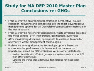 4/1/2013 slide 26
Study for MA DEP 2010 Master Plan
Conclusions re: GHGs
 From a lifecycle environmental emissions perspective, source
reduction, recycling and composting are the most advantageous
management options for all (recyclable/compostable) materials in
the waste stream.
 From a lifecycle net energy perspective, waste diversion provides
the most benefit (3-4x incineration, gasification, pyrolysis)
 After maximizing diversion, appropriate to continue to monitor
alternative waste management technologies.
 Preference among alternative technology options based on
environmental performance is dependent on the relative
importance placed on CO2 emissions versus other pollutants.
- Modern landfills with efficient gas capture systems reduce more CO2
than other alternatives.
- Landfills are worse than alternative technologies for most other
pollutants.
MassRecycle R3 Conference
 
