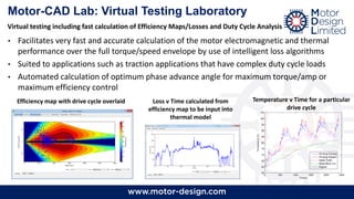 • Facilitates very fast and accurate calculation of the motor electromagnetic and thermal
performance over the full torque/speed envelope by use of intelligent loss algorithms
• Suited to applications such as traction applications that have complex duty cycle loads
• Automated calculation of optimum phase advance angle for maximum torque/amp or
maximum efficiency control
Motor-CAD Lab: Virtual Testing Laboratory
Efficiency map with drive cycle overlaid Loss v Time calculated from
efficiency map to be input into
thermal model
Temperature v Time for a particular
drive cycle
Virtual testing including fast calculation of Efficiency Maps/Losses and Duty Cycle Analysis
 