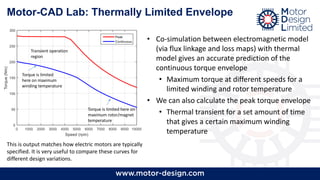 Motor-CAD Lab: Thermally Limited Envelope
• Co-simulation between electromagnetic model
(via flux linkage and loss maps) with thermal
model gives an accurate prediction of the
continuous torque envelope
• Maximum torque at different speeds for a
limited winding and rotor temperature
• We can also calculate the peak torque envelope
• Thermal transient for a set amount of time
that gives a certain maximum winding
temperature
This is output matches how electric motors are typically
specified. It is very useful to compare these curves for
different design variations.
Torque is limited
here on maximum
winding temperature
Torque is limited here on
maximum rotor/magnet
temperature
Transient operation
region
 