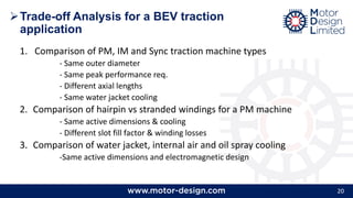 20
➢Trade-off Analysis for a BEV traction
application
1. Comparison of PM, IM and Sync traction machine types
- Same outer diameter
- Same peak performance req.
- Different axial lengths
- Same water jacket cooling
2. Comparison of hairpin vs stranded windings for a PM machine
- Same active dimensions & cooling
- Different slot fill factor & winding losses
3. Comparison of water jacket, internal air and oil spray cooling
-Same active dimensions and electromagnetic design
 