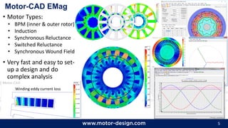 5
Motor-CAD EMag
• Motor Types:
• BPM (inner & outer rotor)
• Induction
• Synchronous Reluctance
• Switched Reluctance
• Synchronous Wound Field
• Very fast and easy to set-
up a design and do
complex analysis
Winding eddy current loss
 