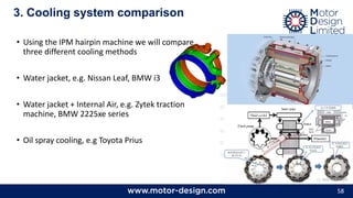 58
3. Cooling system comparison
• Using the IPM hairpin machine we will compare
three different cooling methods
• Water jacket, e.g. Nissan Leaf, BMW i3
• Water jacket + Internal Air, e.g. Zytek traction
machine, BMW 2225xe series
• Oil spray cooling, e.g Toyota Prius
 