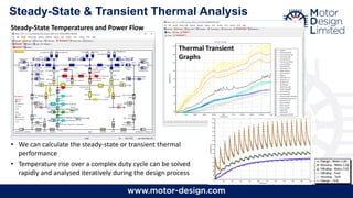 Steady-State & Transient Thermal Analysis
• We can calculate the steady-state or transient thermal
performance
• Temperature rise over a complex duty cycle can be solved
rapidly and analysed iteratively during the design process
Thermal Transient
Graphs
Steady-State Temperatures and Power Flow
 