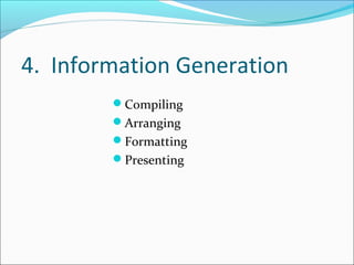 4. Information Generation
Compiling
Arranging
Formatting
Presenting
 