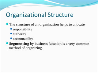 Organizational Structure
The structure of an organization helps to allocate
responsibility
authority
accountability
S...