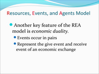 Resources, Events, and Agents Model
Another key feature of the REA
model is economic duality.
Events occur in pairs
Represent the give event and receive
event of an economic exchange
 
