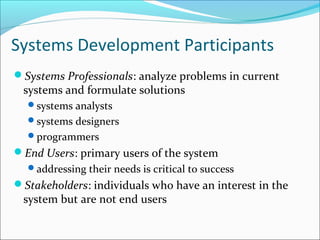 Systems Development Participants
Systems Professionals: analyze problems in current
systems and formulate solutions
systems analysts
systems designers
programmers
End Users: primary users of the system
addressing their needs is critical to success
Stakeholders: individuals who have an interest in the
system but are not end users
 