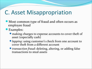 C. Asset Misappropriation
Most common type of fraud and often occurs as
employee fraud
Examples:
making charges to expense accounts to cover theft of
asset (especially cash)
lapping: using customer’s check from one account to
cover theft from a different account
transaction fraud: deleting, altering, or adding false
transactions to steal assets
 