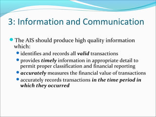 3: Information and Communication
The AIS should produce high quality information
which:
identifies and records all valid transactions
provides timely information in appropriate detail to
permit proper classification and financial reporting
accurately measures the financial value of transactions
accurately records transactions in the time period in
which they occurred
 