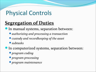 Segregation of Duties
In manual systems, separation between:
authorizing and processing a transaction
custody and recordkeeping of the asset
subtasks
In computerized systems, separation between:
program coding
program processing
program maintenance
Physical Controls
 