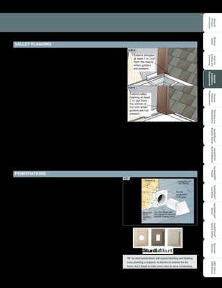 General
Product
Information
Toolsfor
Cuttingand
Fastening
General
Installation
Requirements
General
Fastener
Requirements
Finishingand
Maintenance
HardieTrim®
Boards/Battens
HardieWrap®
WeatherBarrier
HardieSoffit®
Panels
HardiePlank®
LapSiding
HardieShingle®
Siding
HardiePanel®
VerticalSiding
ESR-1844
2290Report
Appendix/
Glossary
Working
Safely
19
Extend shingles
at least 1 in. out
from the fascia
when gutters
are present.
Extend valley
flashing at least
2 in. out from
the corner of
the trim when
gutters are not
present.
4.20-A
4.20-B
Minimum
22.5º
weather
cut
Cut trim block into
two pieces to retro-fit
around existing vent.
Do not
caulk 6mm
(1/4”) gap
HardiePlank®
Lap Siding
Sheathing
Starter
Strip
Weather
Resistive
Barrier
Z Flashing
PENETRATIONS
VALLEY FLASHING
For penetrations in the building envelope such as hose bibs and
holes 1½ in diameter or larger, such as dryer vents, a block of
HardieTrim®
5/4, 4/4 boards shall be installed around the point of
penetration. Blocking should be a minimum 3 in radius greater than
the radius of the penetration. To install a block around an existing
vent pipe, it may be necessary to cut the block into two pieces. In
this case, weather-cut the trim to fit it into place. Install flashing over
the top of the trim block.
Penetrations through a building envelope are made to
accommodate needs such as hose bibs, dryer and furnace vents,
electrical conduit, etc. It is important to restore the weather-resistant
barrier of the home after cutting a hole for the penetration.
There are several pre-made blocking and flashing products
available that can simplify the installation of a penetration. One
such example is Sturdimount®
. Be sure to follow all manufactures
installation instructions.
For added protection at roof valleys, James Hardie requires one of
the following options:
1. If rain gutters are present: As the roof is being shingled, have
the roofer extend the shingles at least 1 in. out from the fascia to
direct water directly into the gutters (figure 4.20-A).
2 If rain gutters not present: When rain gutters are not present, have
the roofer extend the valley flashing at least 2 in. out from the
corner to direct water further away from the building (figure 4.20-
B).
3. If the roof is already flashed and shingled, add a short piece of
flashing to extend the valley in compliance with figure 4.20-B.
The above requirement also applies to roof valley’s at any other
locations where the fascia runs into a roof line such as dormer
valleys and roof-to-roof intersections.
TIP: As most penetrations will require blocking and flashing,
some planning is required. As the trim is ordered for the
home, don’t forget to order some extra to serve as blocking.
4.21
 