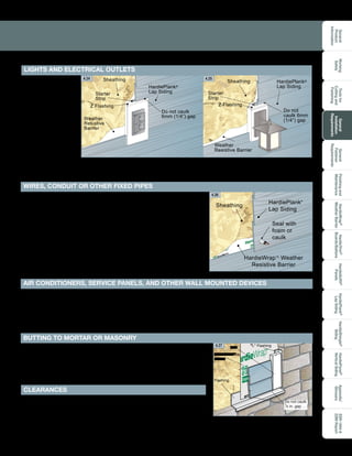 General
Product
Information
Toolsfor
Cuttingand
Fastening
General
Installation
Requirements
General
Fastener
Requirements
Finishingand
Maintenance
HardieTrim®
Boards/Battens
HardieWrap®
WeatherBarrier
HardieSoffit®
Panels
HardiePlank®
LapSiding
HardieShingle®
Siding
HardiePanel®
VerticalSiding
ESR-1844
2290Report
Appendix/
Glossary
Working
Safely
21
HardiePlank®
Lap Siding
Sheathing
Seal with
foam or
caulk
HardieWrap™ Weather
Resistive Barrier
“L” Flashing
Flashing
Water-resistive
barrier
Trim
Do not caulk
1/4 in. gap
4.26
4.27
Do not
caulk 6mm
(1/4”) gap
HardiePlank®
Lap Siding
Sheathing
Starter
Strip
Z Flashing
Weather
Resistive Barrier
HardiePlank®
Lap Siding
Do not caulk
6mm (1/4”) gap
Sheathing
Starter
Strip
Z Flashing
Weather
Resistive
Barrier
Lights and Electrical
boxes should have
the same flashing and
blocking as other large
penetrations such as
vents. Many lights
utilize square electrical
boxes. Blocking a
square object should
still incorporate the
best practices of an
angled weather cut.
4.24 4.25
LIGHTS AND ELECTRICAL OUTLETS
BUTTING TO MORTAR OR MASONRY
James Hardie®
siding and trim products should not be butted directly
against mortar or masonry, including stone, brick, or concrete block. In
these situations, a flashing should be installed to isolate the trim or siding
from the mortar or masonry.
AIR CONDITIONERS, SERVICE PANELS, AND OTHER WALL MOUNTED DEVICES
Wall mounted devices and air conditioners represent large penetrations into the building envelope and structure.
Before installing a unit, please consult the architect or structural engineer to determine if additional bracing is
necessary. The device should be installed per manufactures instructions and flashed properly. Any condensate drains
should extend out 4 in from the wall, and angle down.
WIRES, CONDUIT OR OTHER FIXED PIPES
For small penetrations such as wires, electrical conduit, and pipes less
than 1½ in. in diameter (excluding hose bibs) no blocking is necessary.
The circumference of pipe or wire should be sealed with a barrier foam
and/or caulked.
James Hardie specifies clearances to ensure the long-term durability of
their products and the buildings on which they are installed. Failure to
provide the proper clearances, as specified below, may affect performance
of the building system, violate building codes or James Hardie
requirements, and may void any warranty on the products.
CLEARANCES
 