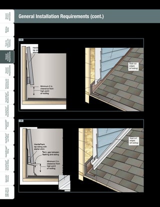 General
Product
Information
Working
Safely
Toolsfor
Cuttingand
Fastening
General
Installation
Requirements
General
Fastener
Requirements
Finishingand
Maintenance
HardieTrim®
Boards/Battens
HardieWrap®
WeatherBarrier
HardieSoffit®
Panels
HardiePlank®
LapSiding
HardieShingle®
Siding
HardiePanel®
VerticalSiding
ESR-1844
2290Report
Appendix/
Glossary
24
Here are examples of details that can help improve the aesthetics of clearance requirements. Check with a design
professional and local building officials to ensure that the chosen details are correct for their intended purpose and location.
Wall framing
Minimum 2 in.
clearance from
high point
of roofing
Roofing
HardiePlank®
lap siding with
starter shim
Roof underlayment
Step flashing with
vertical element
high enough for
2 in. clearance.
Wall sheathing
HardiePlank®
lap siding
Starter shim
Flashing
1
/4 in. gap between
flashing and siding
Wall framing
Roofing
HardiePlank
lap siding with
starter shim
Roof underlayment
Step flashing with
vertical element
high enough for
2 in. clearance.
Wall sheathing
HardiePlank lap siding
Starter shim
Minimum 2 in.
clearance from
high point
of roofing
Roof to wall intersection with decorative counter flashing
Optional
decorative
counter
flashing
Seal cut
edges
(of siding)
Seal cut
edges
(of siding)
4.34
4.35
General Installation Requirements (cont.)
 