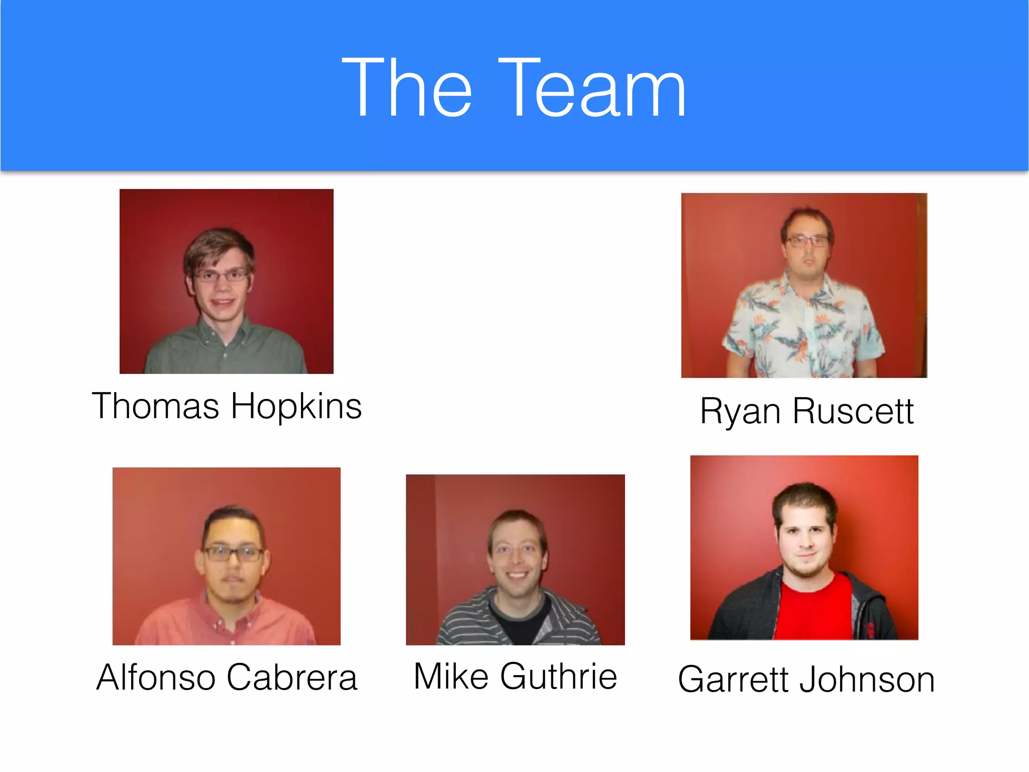 The Team
Thomas Hopkins Ryan Ruscett
Alfonso Cabrera Garrett JohnsonMike Guthrie
 