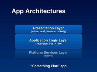 App Architectures

        Presentation Layer
      (written in JS, rendered natively)



     Application Logic Layer
   ...
