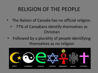 RELIGION OF THE PEOPLE The Nation of Canada has no official religion. 77% of Canadians identify themselves as Christian Followed by a plurality of people identifying themselves as no religion 