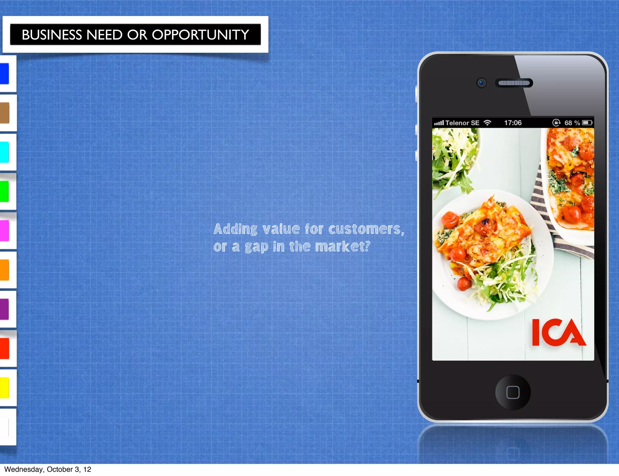 BUSINESS NEED OR OPPORTUNITY
Adding value for customers,
or a gap in the market?
Wednesday, October 3, 12
 