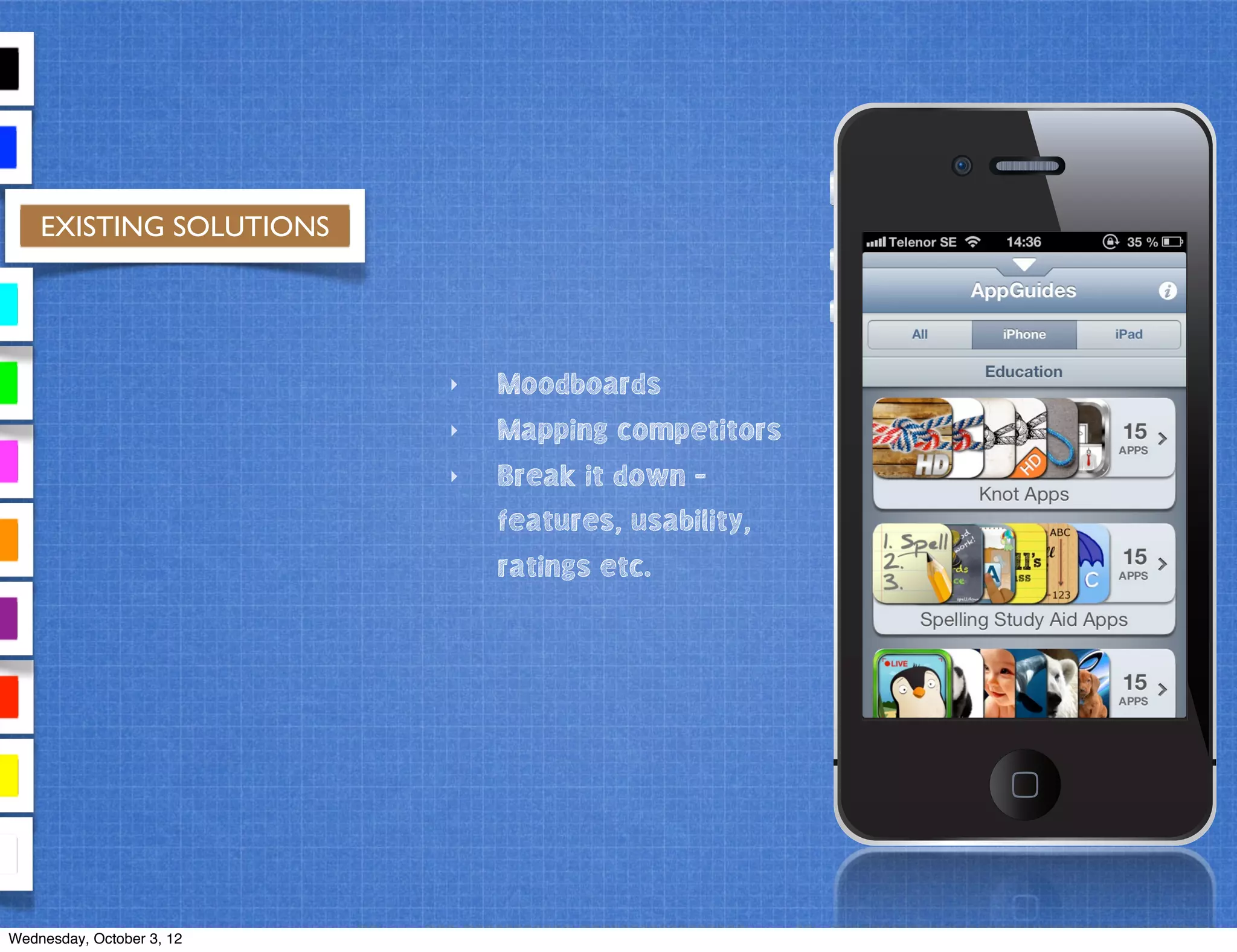 EXISTING SOLUTIONS
‣ Moodboards
‣ Mapping competitors
‣ Break it down -
features, usability,
ratings etc.
Wednesday, October 3, 12
 