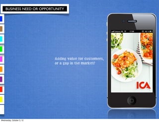 BUSINESS NEED OR OPPORTUNITY
Adding value for customers,
or a gap in the market?
Wednesday, October 3, 12
 