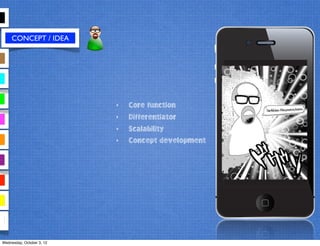 CONCEPT / IDEA
‣ Core function
‣ Differentiator
‣ Scalability
‣ Concept development
Wednesday, October 3, 12
 