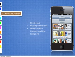EXISTING SOLUTIONS
‣ Moodboards
‣ Mapping competitors
‣ Break it down -
features, usability,
ratings etc.
Wednesday, October 3, 12
 
