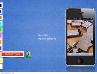 PROTOTYPING
‣ Sketching
‣ Paper prototypes
Wednesday, October 3, 12
 