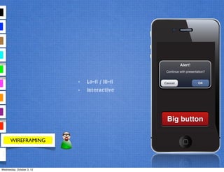 WIREFRAMING
‣ Lo-fi / Hi-fi
‣ Interactive
Big button
Alert!
Continue with presentation?
Cancel OK
Wednesday, October 3, 12
 