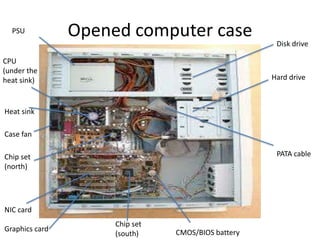 PSU           Opened computer case
                                                     Disk drive

CPU
(under the
heat sink)                                          Hard drive



Heat sink

Case fan

Chip set                                             PATA cable
(north)




NIC card
                     Chip set
Graphics card                   CMOS/BIOS battery
                     (south)
 