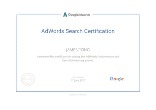 James Pong's Adwords Search Certification 2016